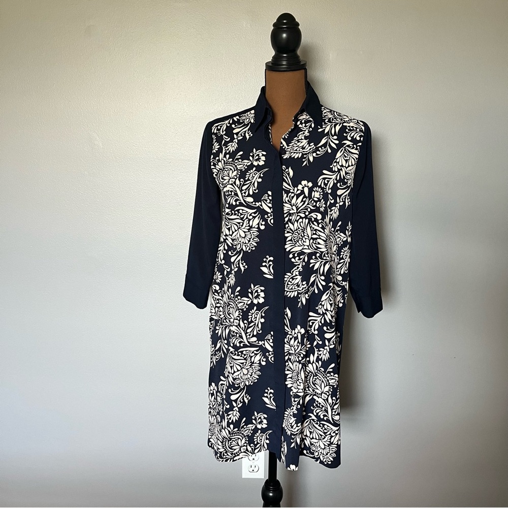 Ann Taylor Loft Dresses Beige Floral 3/4 Sleeve Shift Shirt Dress size XS